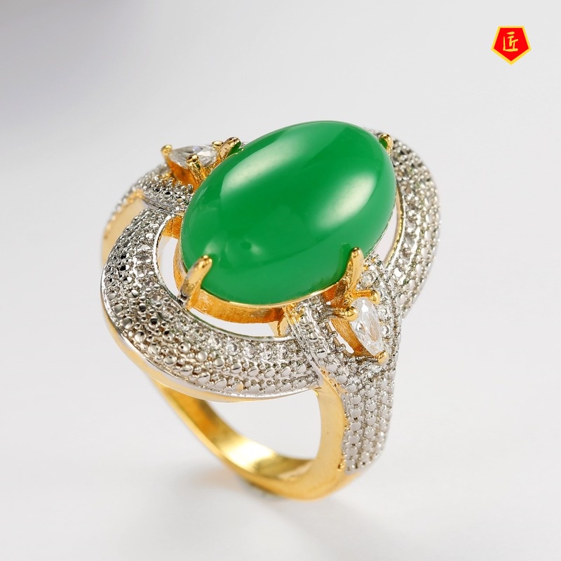 [Ready Stock]18K Gold Color Separation Inlaid Green Chalcedony Full Diamond Ring Luxury Elegant