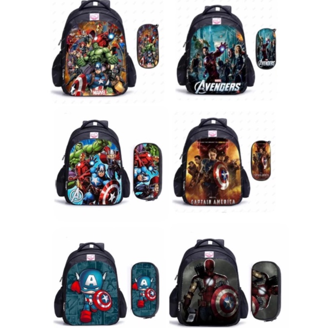 Tas ransel fashion anak sekolah AVENGER / tas backpack anak style karakter animasi 3D superhero / tas gandong / tas anak lucu free pouch