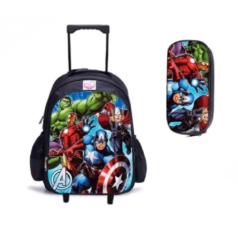 Tas Ransel Troli Anak Karakter Superhero/ Tas Ransel Trolley Dorong Anak Laki-laki Free Pouch [BISA COD]