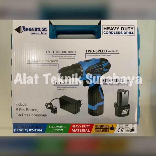 CORDLESS DRILL BENZWERKZ 18 V VOLT 10 MM MESIN IMPACT BOR TANPA KABEL BATERAI TEMBOK BENZ WERKZ HD H