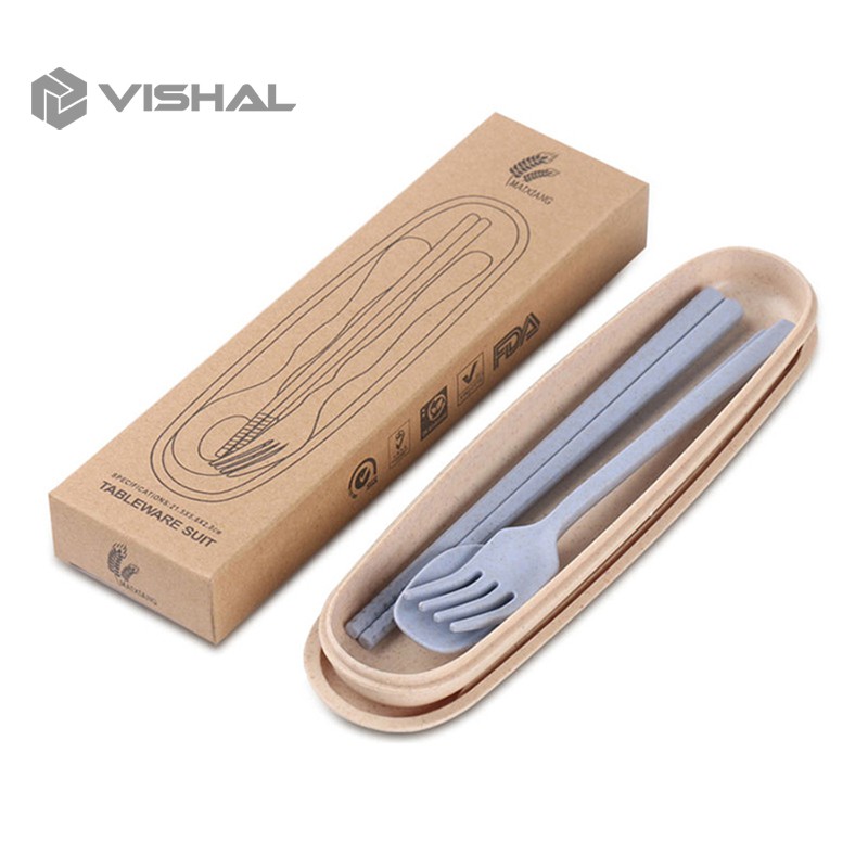 VISHAL 4 pcs Wheat straw Travel Cutlery Set Portabel Alat Makan Sendok Garpu Sumpit Chopsticks VS-23