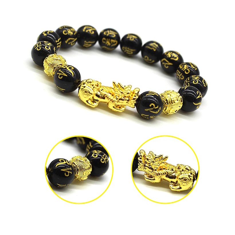 Gelang Feng Shui Black Obsidian  Pixiu Lapis Emas Good Luck Dragon