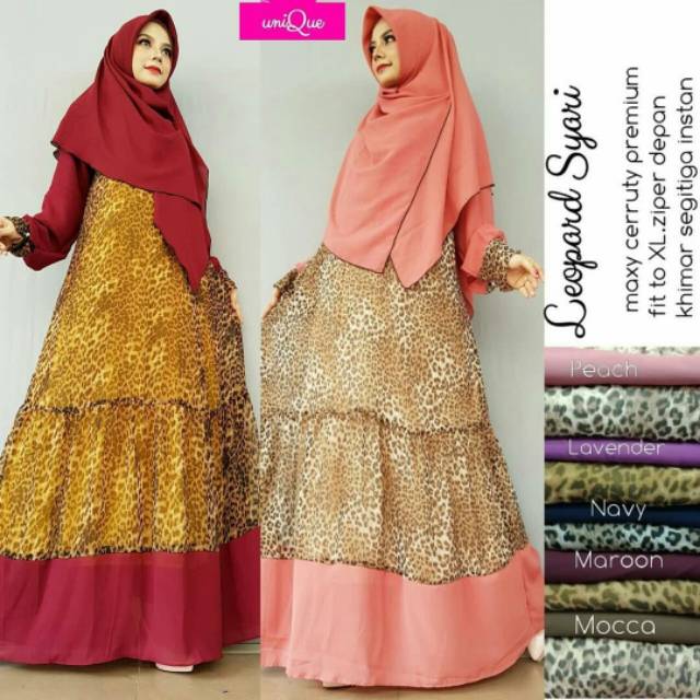 Leopard Syari set, SETELAN GAMIS + KHIMAR INSTAN CANTIK TERMURAH OOTD