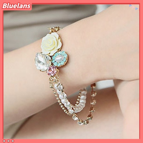 Gelang Kristal Dengan Mutiara Mawar Berlian Campuran Fashion Damar Warna-Warni Yang Unik Mempesona
