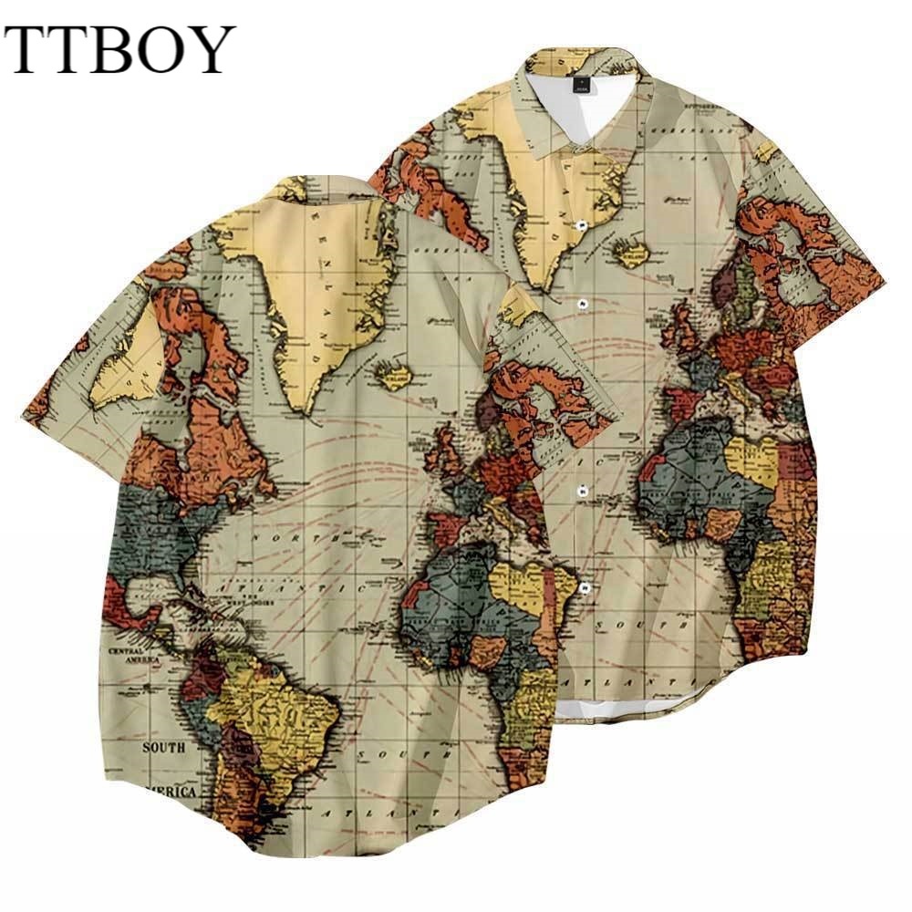 baju Map Printing Fashion Street Style Casual Shirts Hip Hop Kemeja Lengan Pendek Wanita Pria Pakaia