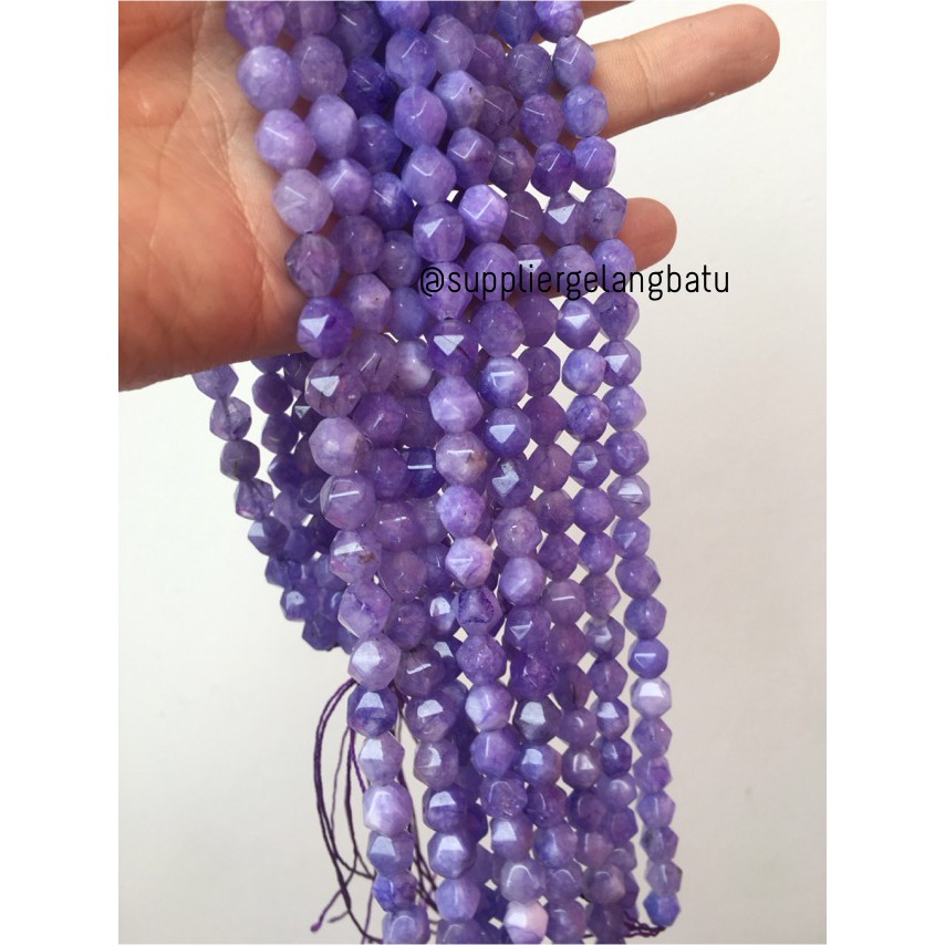 batu faceted hexagon Stone 8mm soft purple ungu agatis craft beads aksesoris pria wanita fashionita