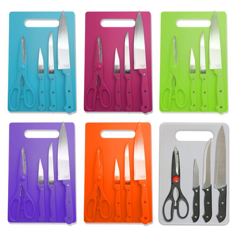 Talenan Full Set (Pisau + Talenan + Gunting) / Knife Set 5in1 Kemasan Mika Segel