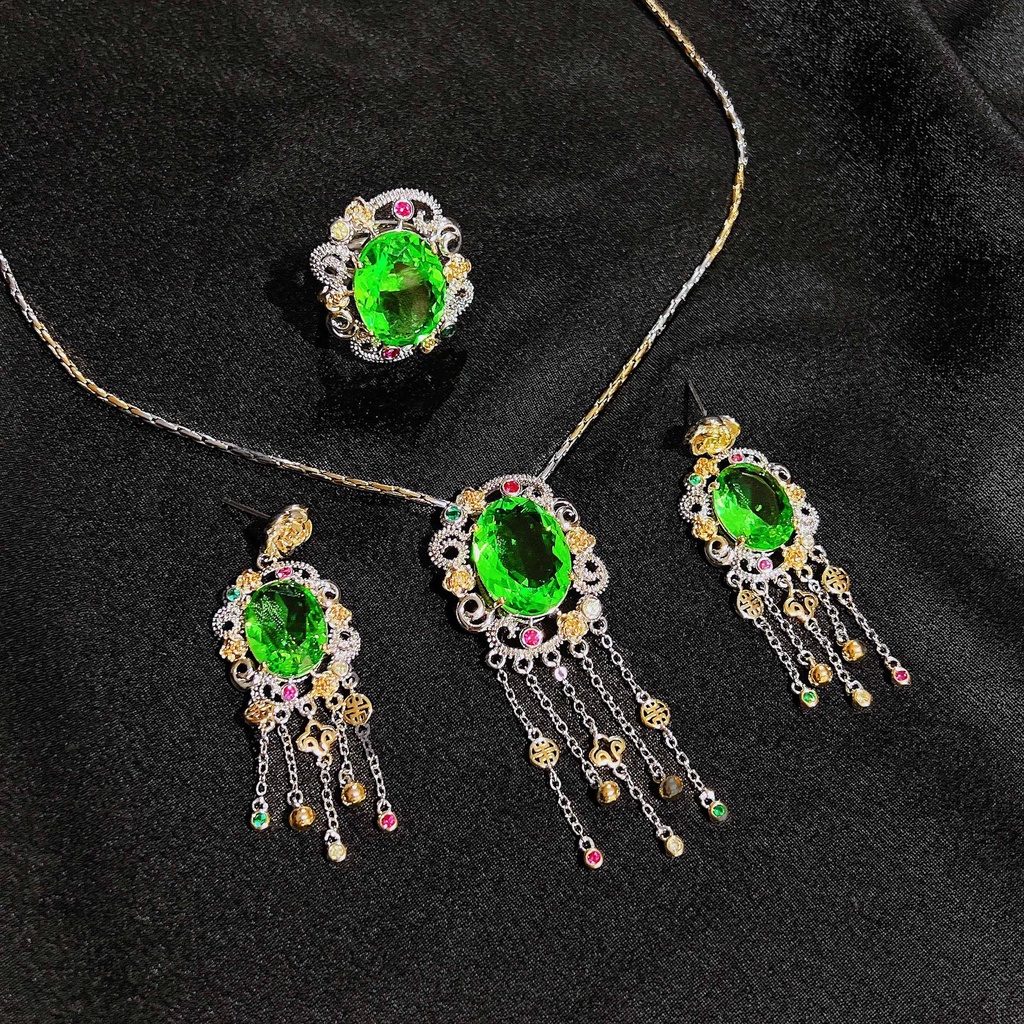 Goldkingdom Perhiasan Fashion 24K Bangkok Aksesoris Ready Stock Itali Vintage Emas Asli Kadar 375 Peridot Set Fringe Kalung Anting Panjang Warna Harta Karun Cincin Yang Dapat Disesuaikan