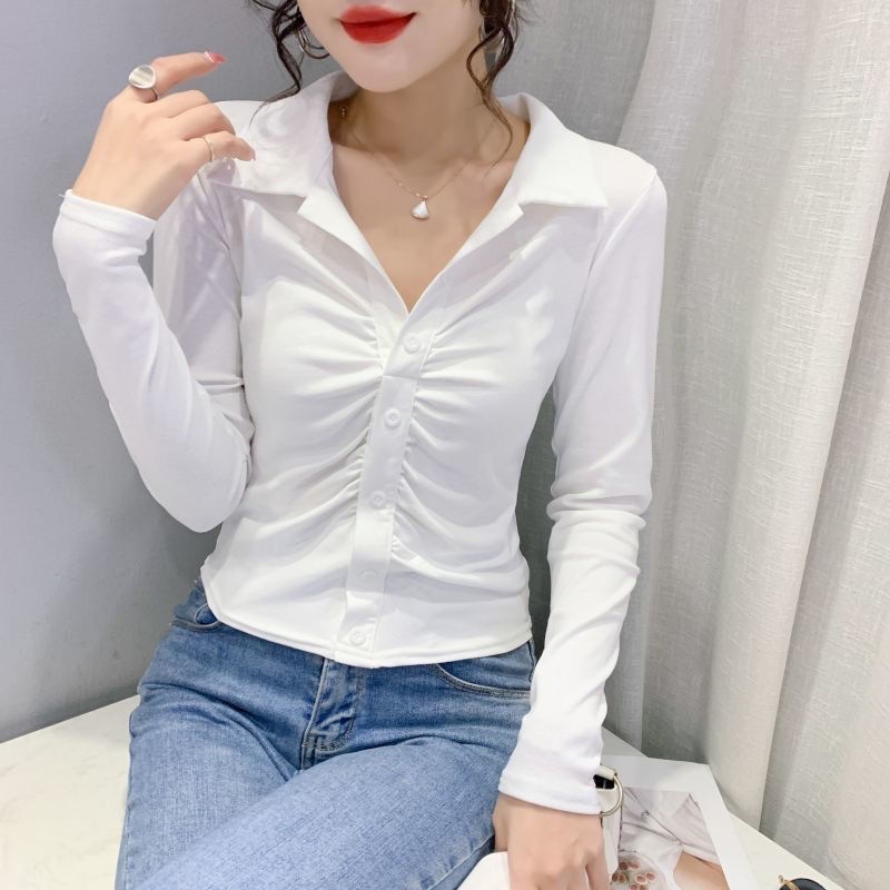 French retro bottoming shirt wanita musim semi dan musim gugur 2022 baru slim fit temperamen pendek Polo collar rajutan top