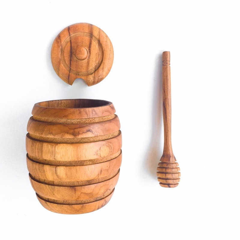 Set tempat Madu | Sendok Madu Kayu Jati | Wooden Teak Honey Jar