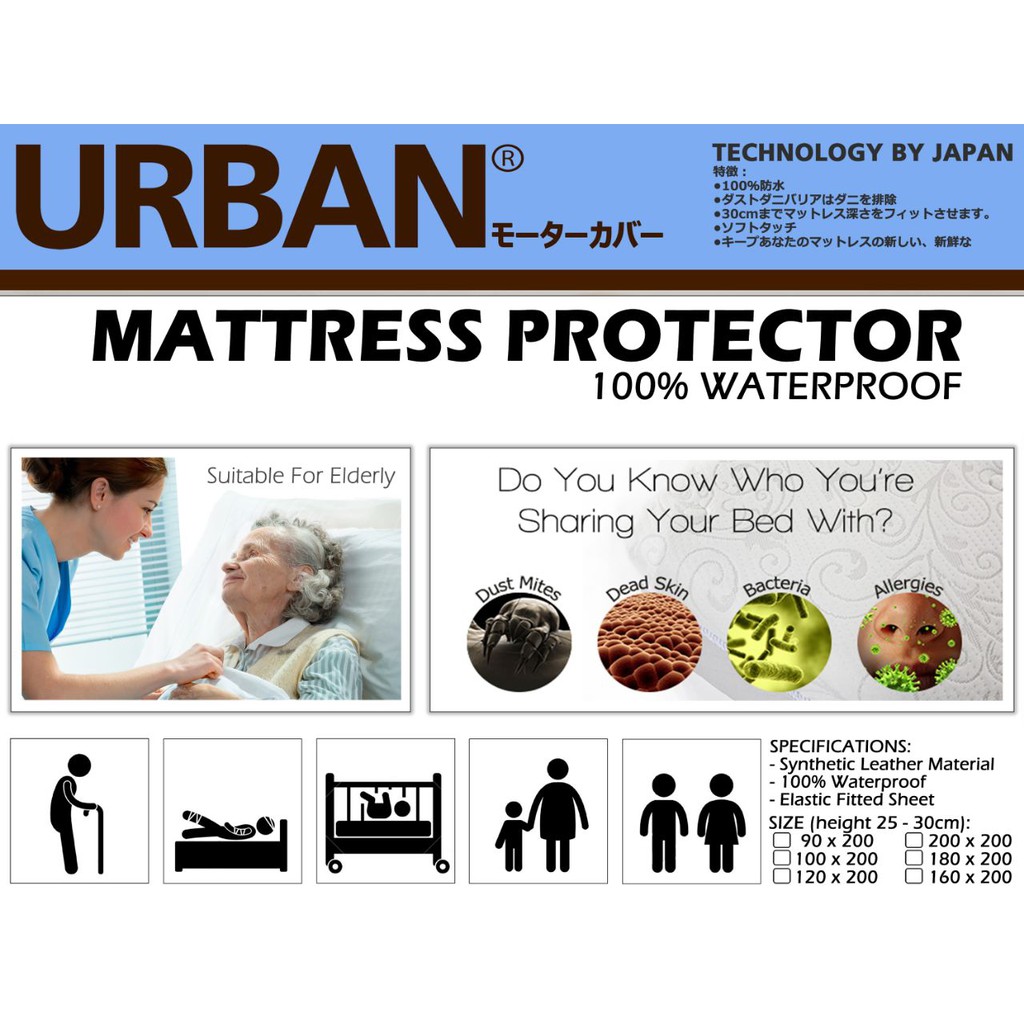 BED PROTECTOR URBAN WATERPROOF UK 200 x 200 ANTI TUNGAU, CAIRAN, OMPOL PELINDUNG MATRAS