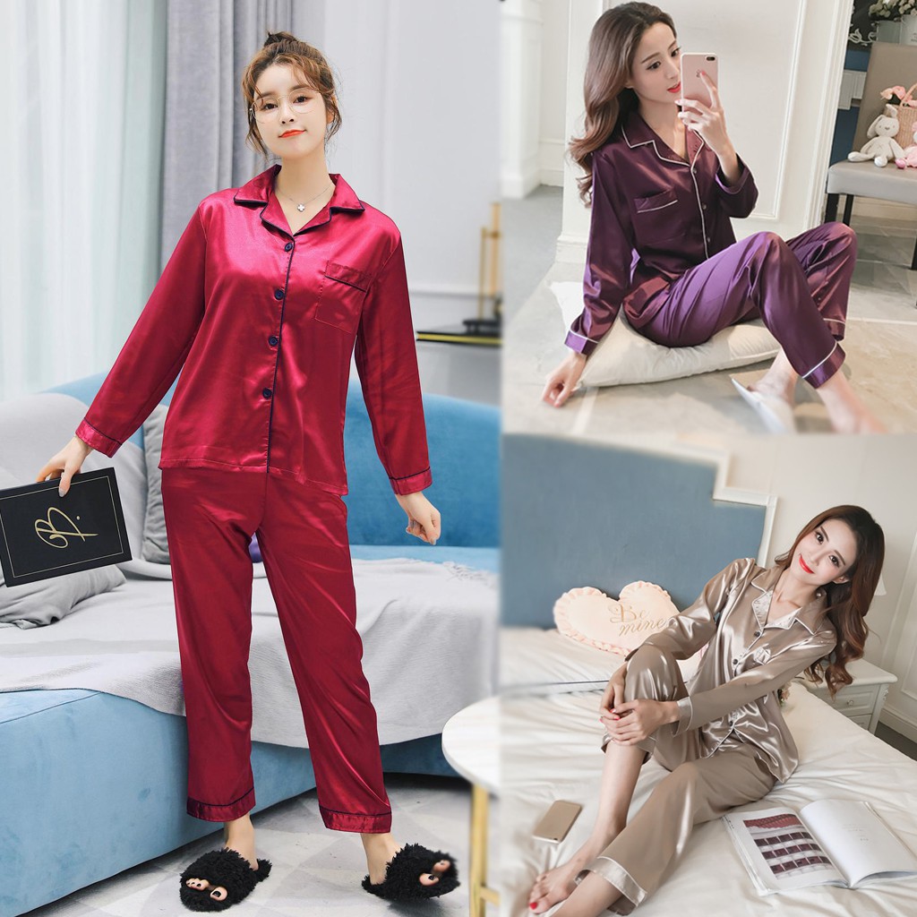 Set Baju Tidur dan Celana  Model  Lengan Panjang Aneka  Warna 