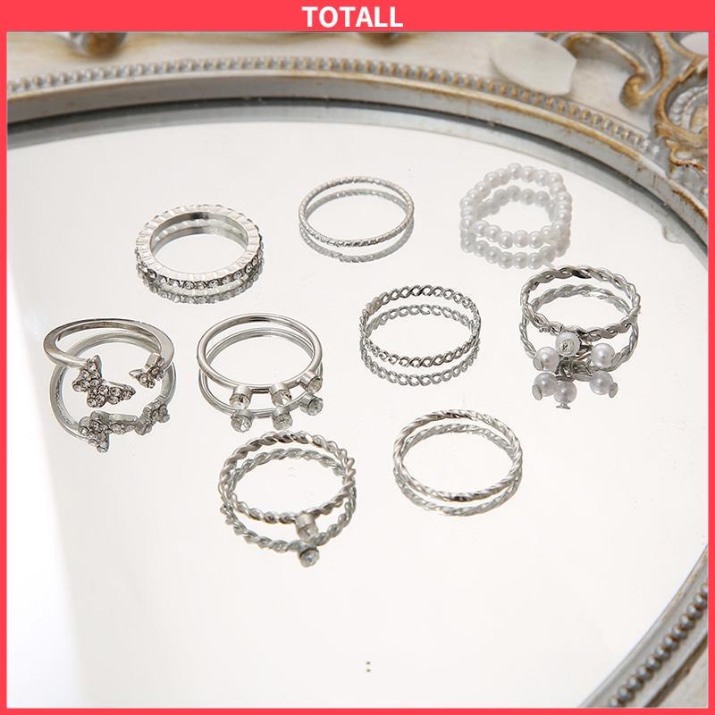 COD 9 PCS Wanita Tipis Berongga Mutiara Kristal Kupu-kupu Berlian Premium Knuckle Ring Set-Totall