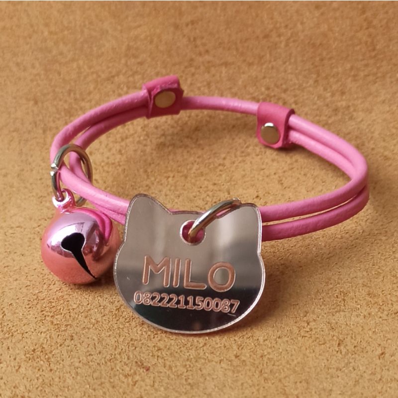 iPet KALUNG KUCING KULIT ASLI CUSTOM NAMA TAG AKRILIK LONCENG ROSE GOLD