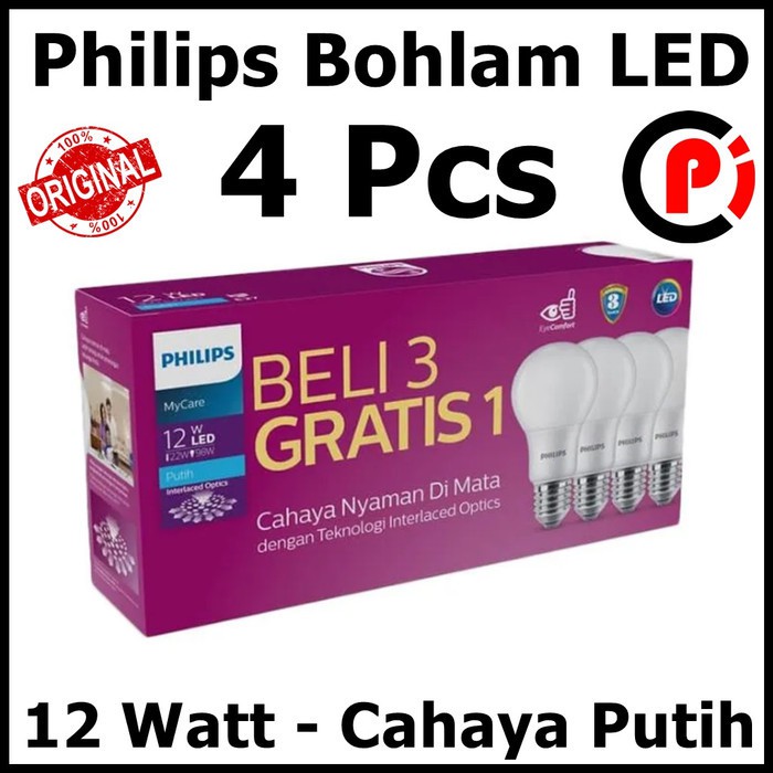 Philips Lampu Bohlam LED 12W 12 Watt Cahaya Putih MyCare Isi 4 Pcs