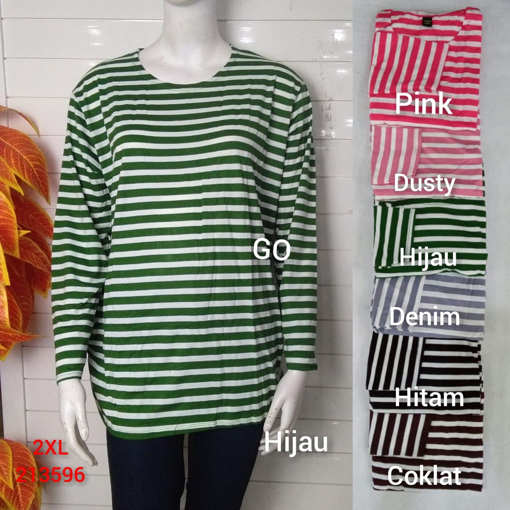 gof AS LMN BIG SIZE Pakaian Wanita Atasan Kaos Motif Salur Garis Katun Casual Santai Lengan Panjang