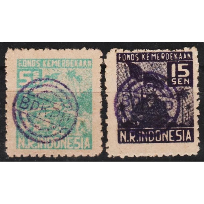 

Perangko Filateli A35 Indonesia 1947 overprint with hand chop BPKPP, Funding for helping Palembang affair victims, used only in Palembang after Dutch Military offensive in January 1947