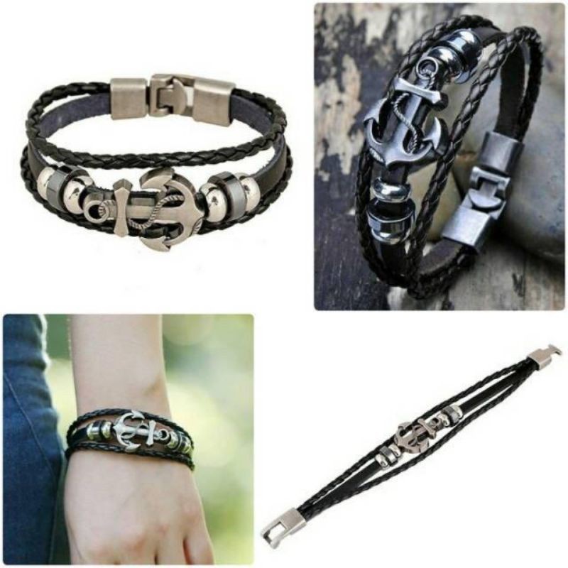 Vintage Men's Metal Anchor Steel Studded Surfer Leather Bangle Cuff Bracele