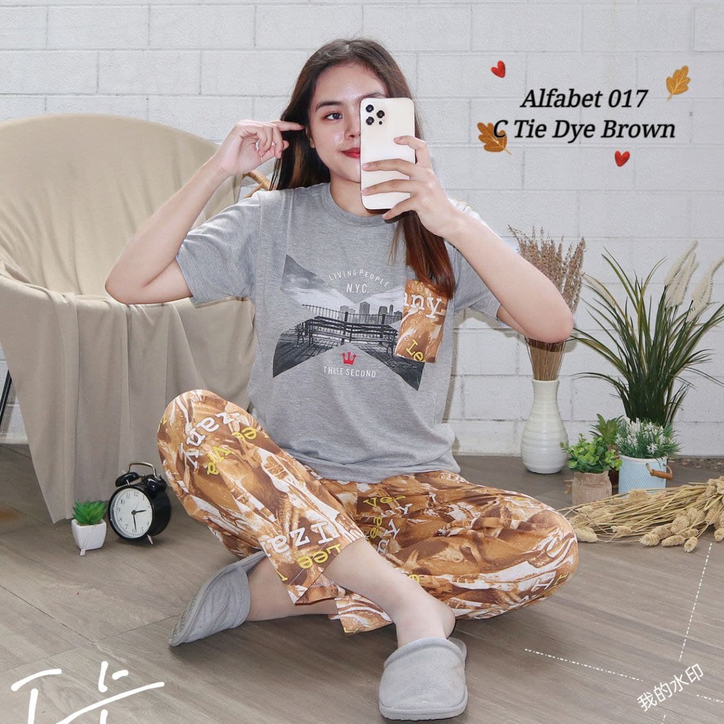 IZANY Piyama Dewasa Size S/ CP Atasan kaos Tebal-ALFABET 017 TD BROWN