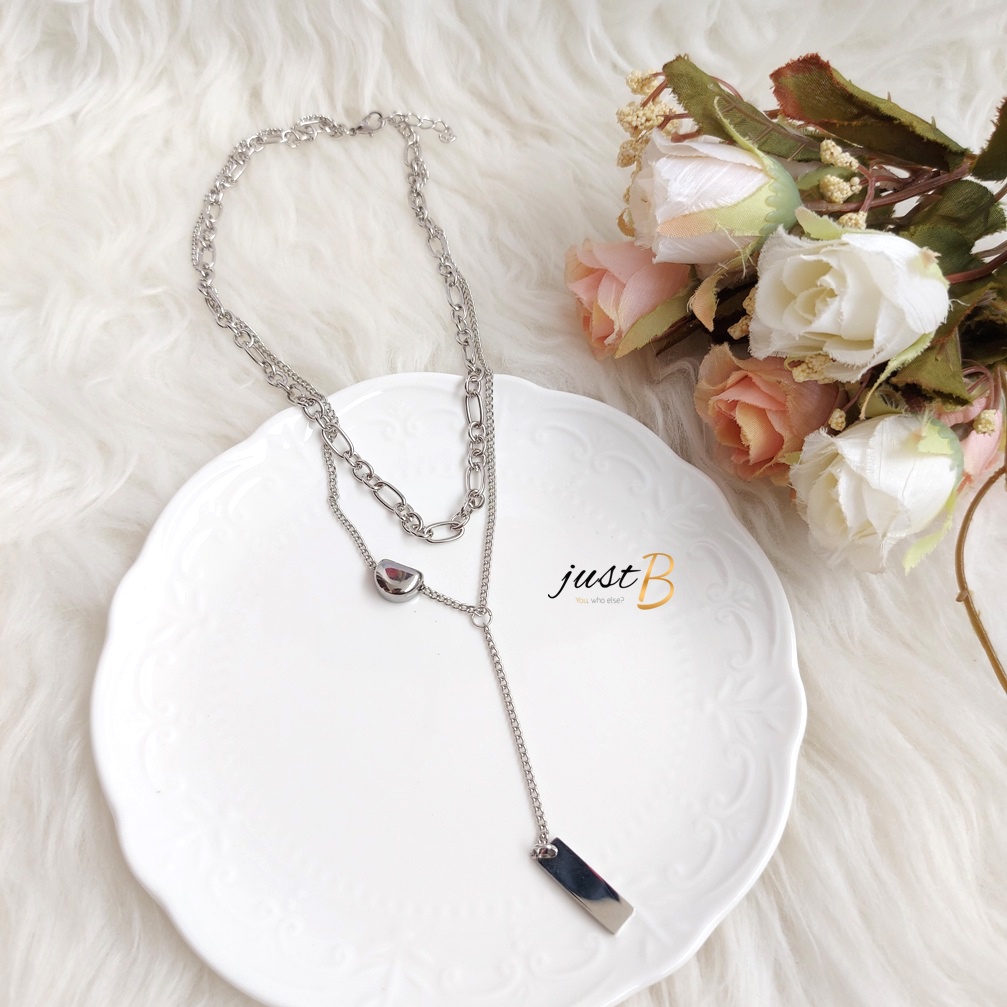 [READY] Kalung Hijab Fashion 2 Layer Hiphop Punk Rock Silver Chain Link Bar N102