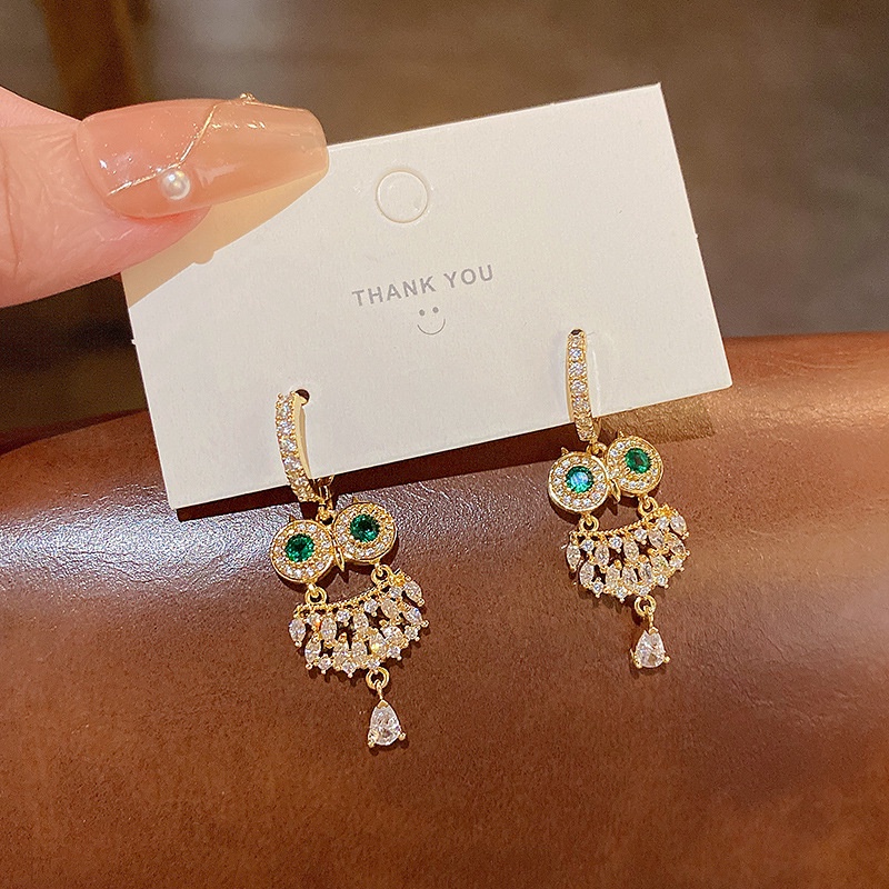 Anting Tusuk Sterling silver 925 Desain Burung Hantu Hias Zircon Hijau Untuk Wanita