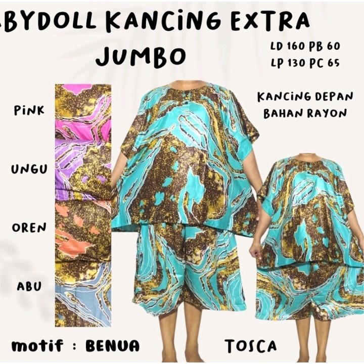 Babydoll Kancing Extra Jumbo Wanita Lengan Pendek Celana Pendek Kekinian Rayon Murah LD 160