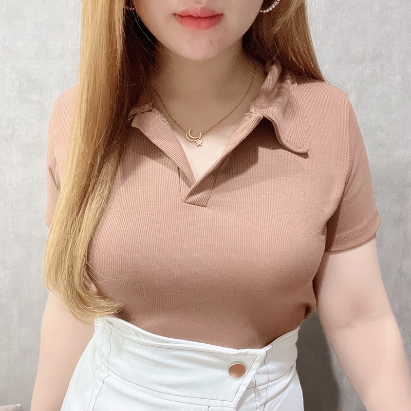 Polo Knit Collar Short Sleeve Blouse | Atasan Lengan Pendek Wanita | Maimon Grosir