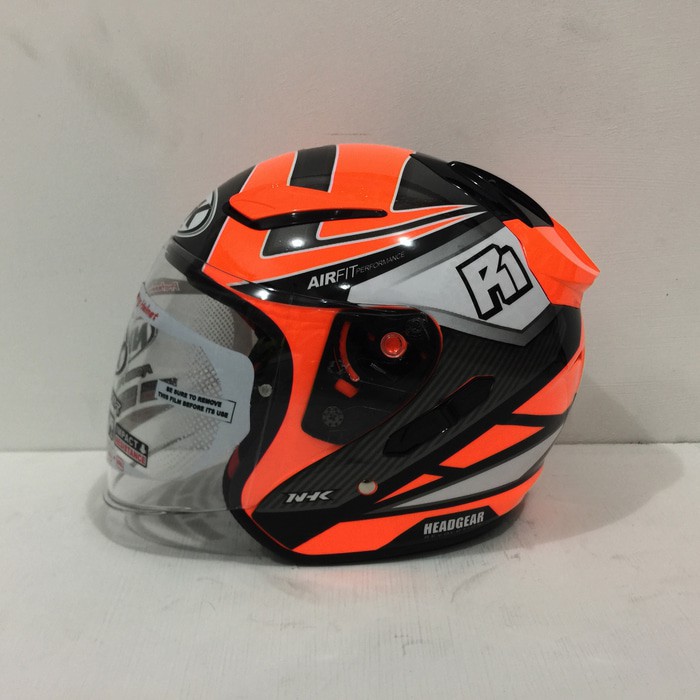 Unique Helm NHK R1 Double Visor Motif Giga Orange Fluorecent Flo