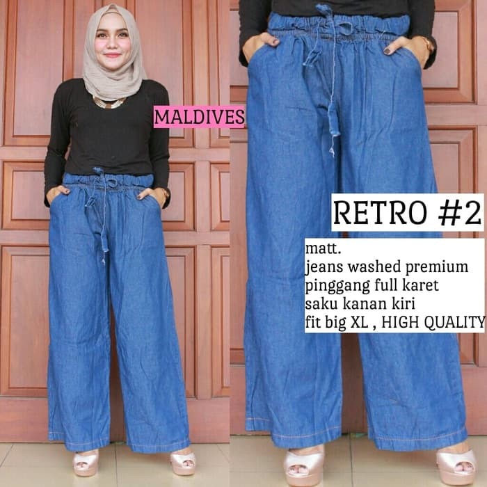 celana kulot panjang wanita retro raya jeans wash premium murah