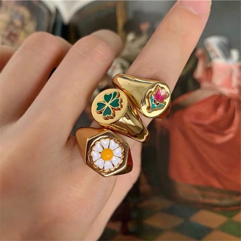 Creative Geometric Sweet Flower Ring Retro Multicolor Love Ring Fashion Index Finger Ring Accessories Female