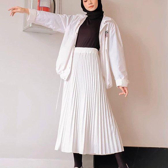 [KODE MPFOI] Ootd Rok Plisket Panjang Premium Payung Jumbo warna Hitam Putih Hijau botol Army mocca 
