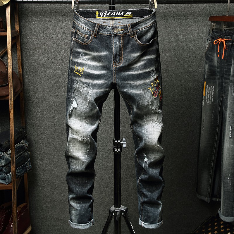  Celana  Panjang Jeans  Pria Casual Slim Model Sobek  Bolong 