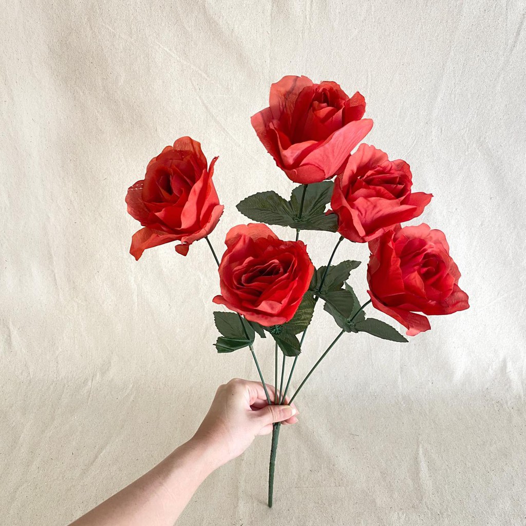 Bunga Artificial Mawar Rose Italy X5 Bunga Artificial / Bunga Plastik / Bunga Dekorasi / Pernikahan-Merah darah