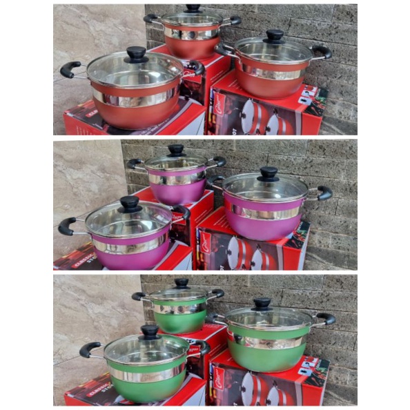 Panci Set 3 in 1 Tutup Kaca Warna Panci Set Classic Stockpot Calypso