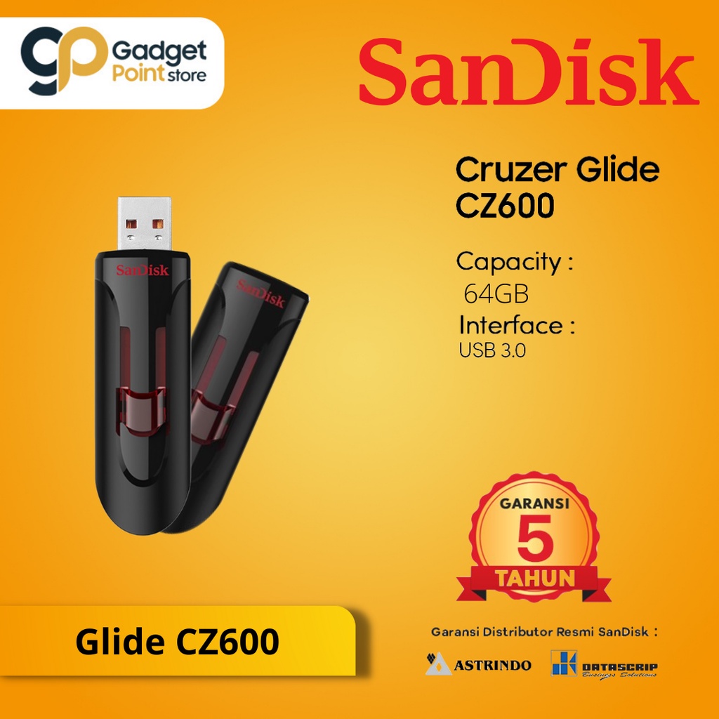 Flashdisk 64 GB | Sandisk 64GB | Flashdisk Cruzer Glide 64GB SanDisk CZ600 USB 3.0 - Garansi 5 tahun