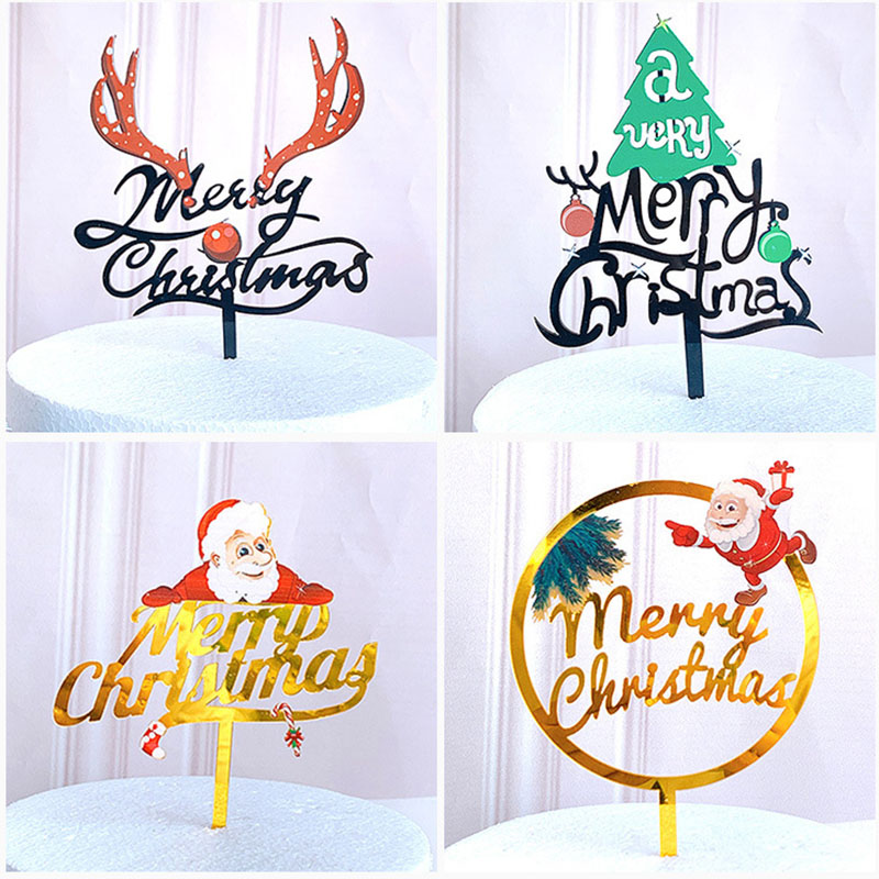 Topper Kue Desain Santa Claus Elk Tree Bahan Akrilik Warna Emas Untuk Dekorasi Natal