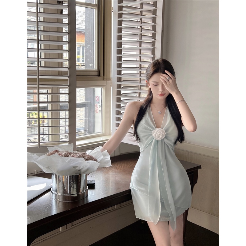 Sling dress wanita ramping tanpa lengan v-neck halter wrap rok pinggul musim gugur tidak teratur rok peri sifon seksi