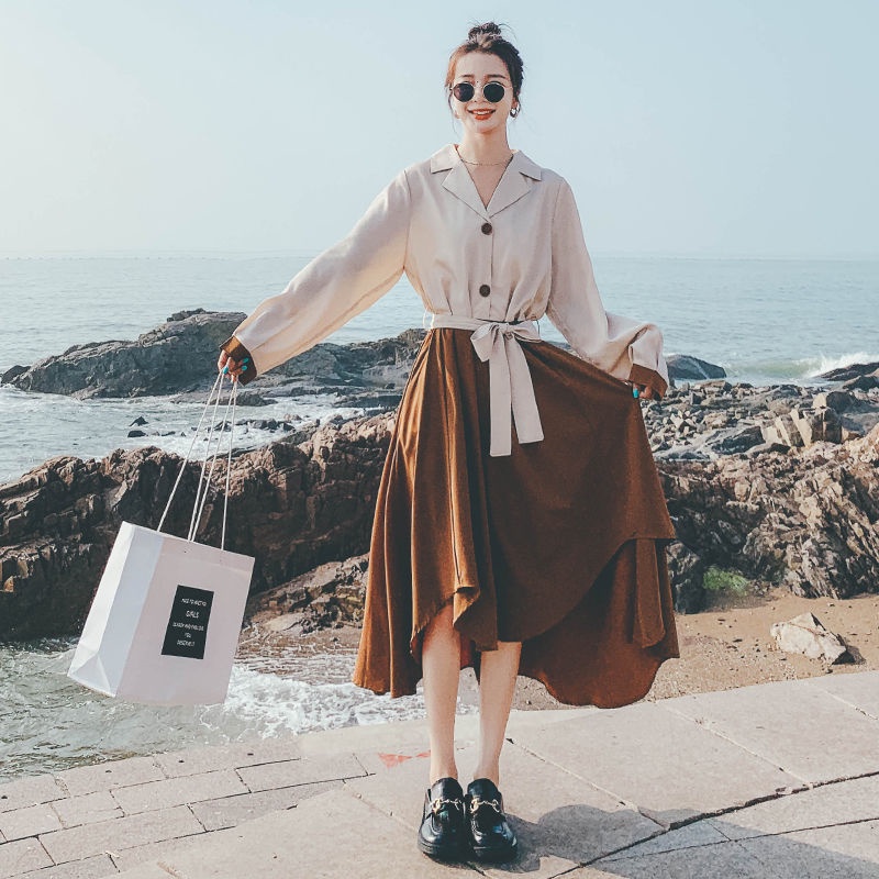 French color matching long sleeve dress women's new autumn 2021 style slim irregular Hepburn A-line