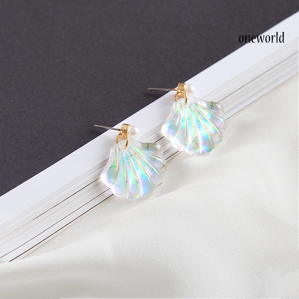 OW@ Colorful Resin Mermaid Rainbow Imitation Pearl Shell Women Stud Earrings Gift