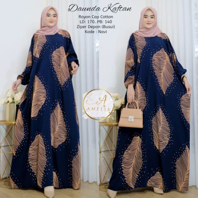 Kaftan Wanita - Daunda Kaftan Size Jumbo XXXXL Motif Daun Lengan Panjang Busui Resleting by Nadira_Fashion / Gamis Rayon Jumbo Kaftan Terbaru-Daunda Navy.