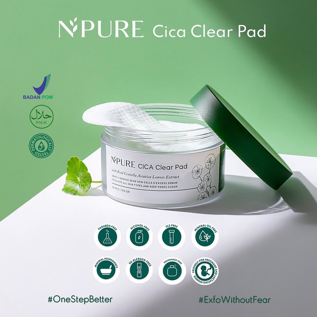 NPURE Cica Clear Pad 30 Pads BPOM - Eksfoliasi, Exfoliasi, Exfo, Eksfo Cotton Pad Toner Essence - Membersihkan Sel Sulit Mati &amp; Menenangkan Kulit Wajah