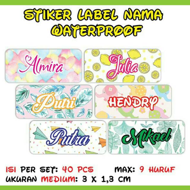 

Isi 40 pcs/set! Stiker Label Nama Waterproof Lucu Ukuran Medium (3 x 1,3 cm) / Large (4,5 x 1,7 cm)