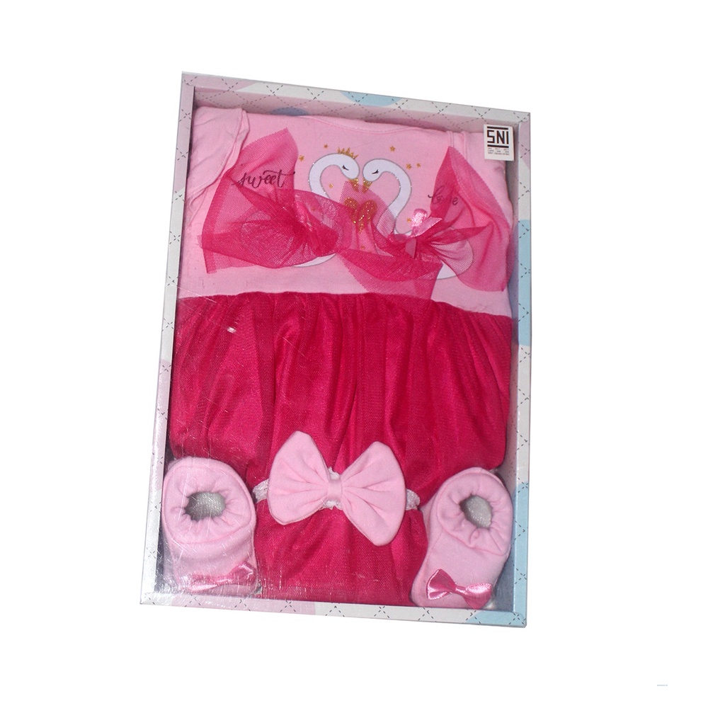 Swan 3in1/Baju Pesta Bayi Baru Lahir ( Ada Dress + Kaos kaki Dan Bandana )Bahan Kaos Halus