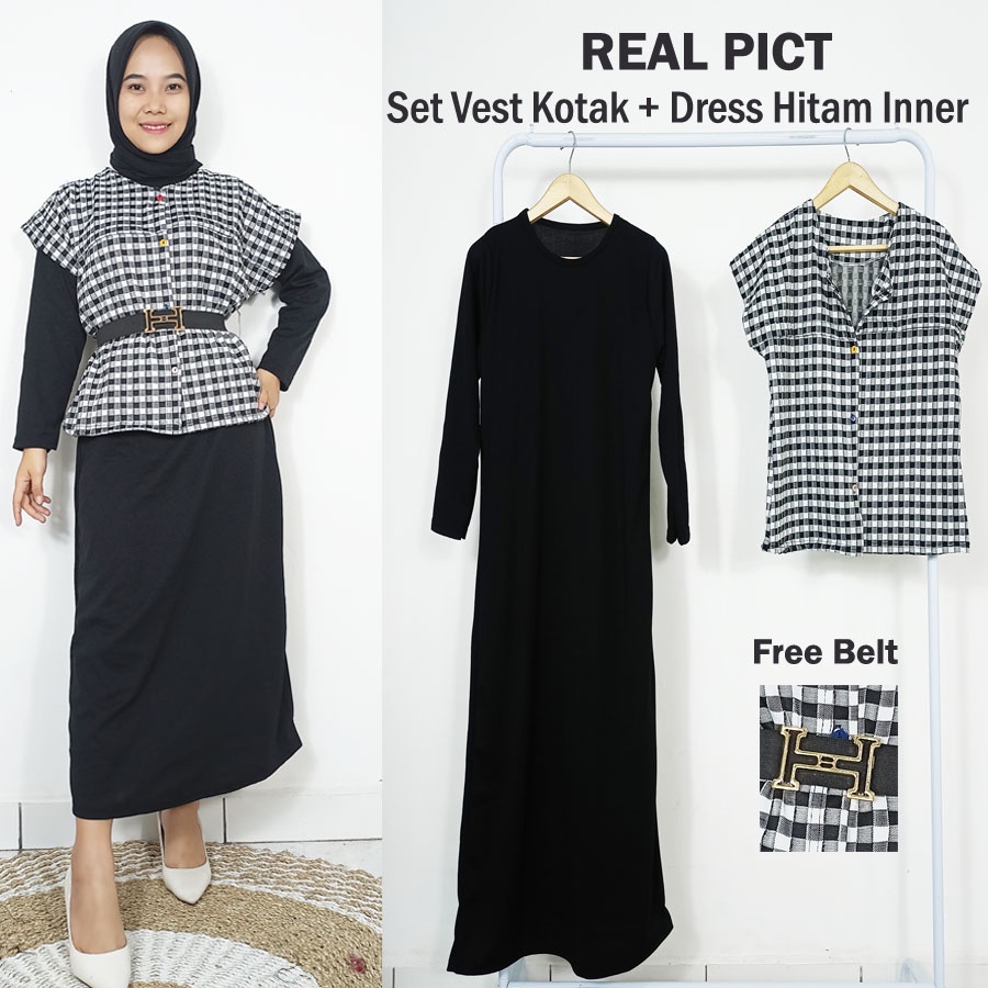 JEJE VEST SET KOTAK INNER DRESS HITAM DENGAN BELT CANTIK CARLINA