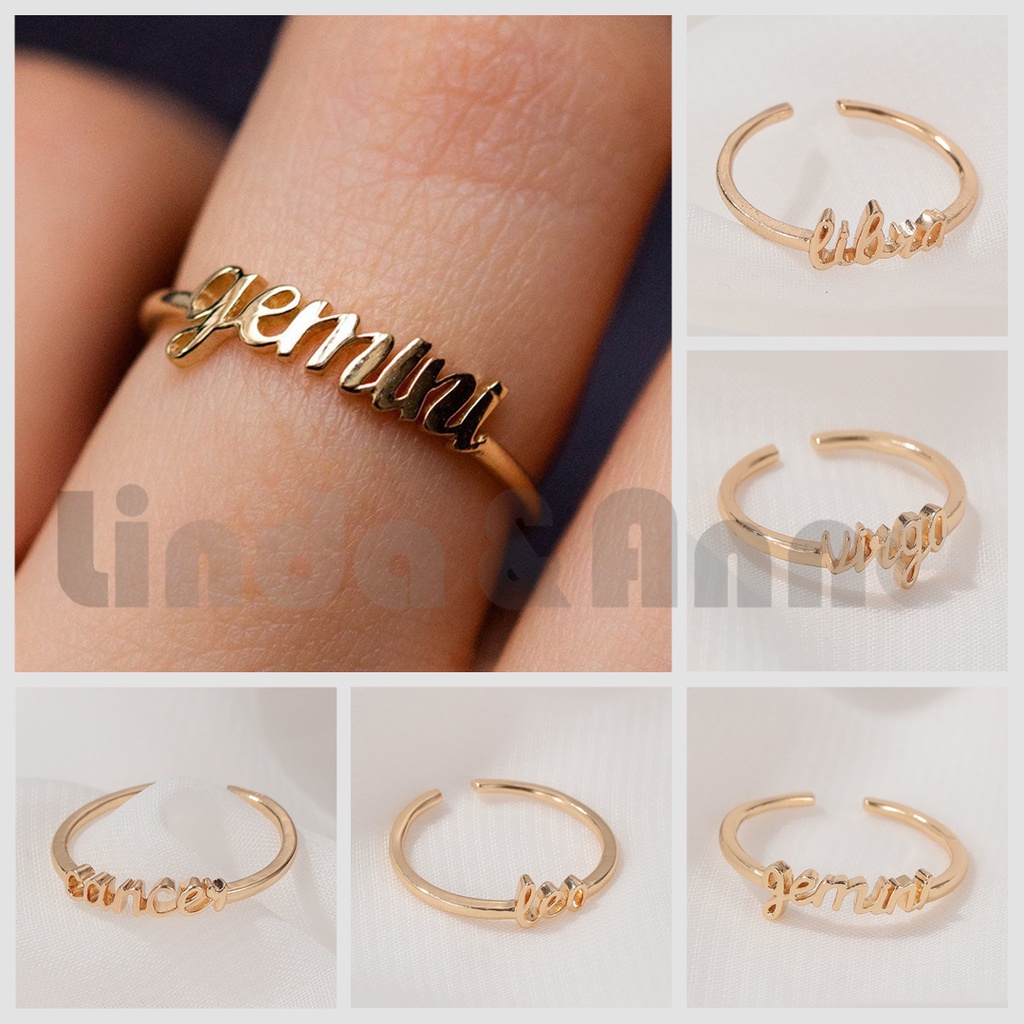 Cincin Wanita Desain 12 Rasi Bintang Warna Emas / Cincin Dua Belas Zodiak Sederhana Import