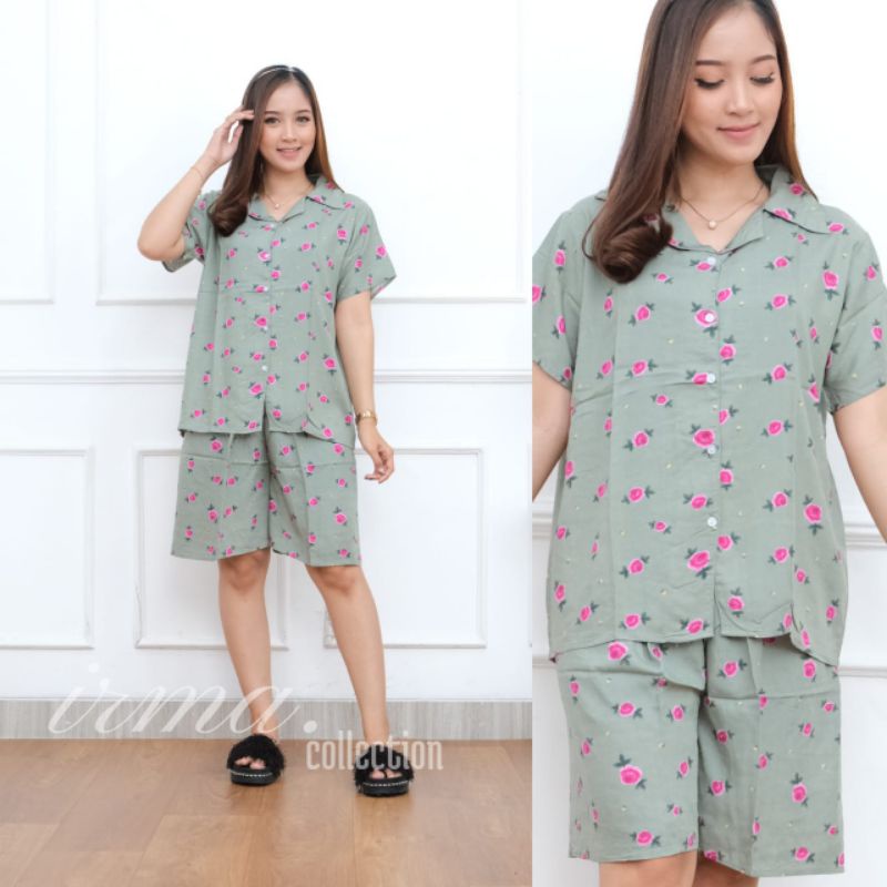 Piyama wanita kerah pendek kancing depan Busui piayama Hits Homewear kancing babydoll pendek baju tidur pendek wanita