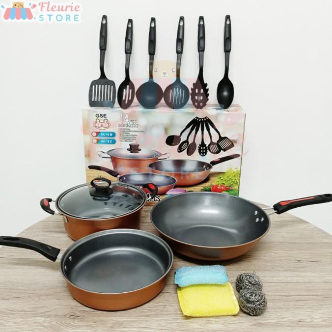 Buruan Serbu] 14Pcs 17Pcs Cookware Set - Panci Wajan Teflon + Spatula+Spons - 14 Pcs