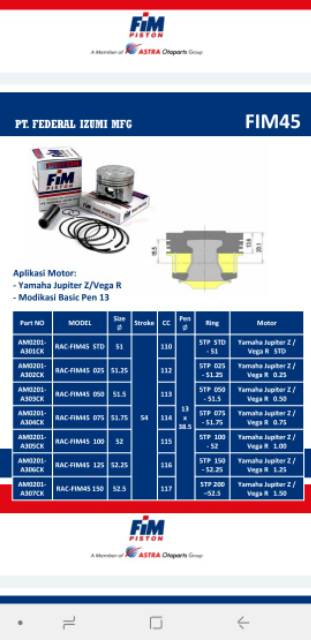 Piston seher kit set jupiter z vega r new fim 45 std 50 100 150  pin 13-3