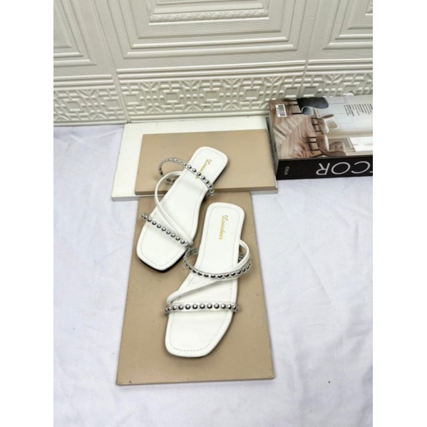 sendal flat shoes wanita terbaru pesta LOUISDEAR sendal flat bahan bahan dove S156