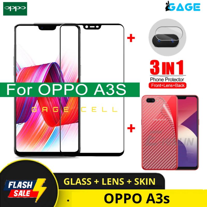 PAKET 3IN1 TEMPERED GLASS LAYAR KAMERA SKIN CARBON OPPO A3S TG ANTI GORES FULL SCREEN PROTECTOR